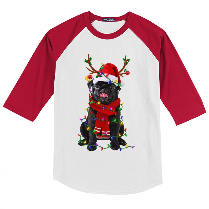 Black Pug Dog Tree Christmas Lights Xmas Pajama Kids Colorblock Raglan Jersey