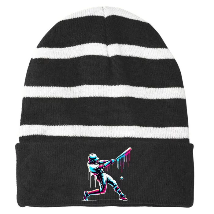 Baseball Player Drip Striped Beanie with Solid Band