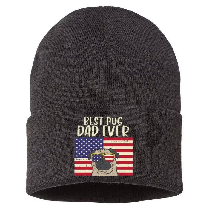 Best Pug Dad Ever US Flag Vintage Patriotic Pet Dog Gift Sustainable Knit Beanie