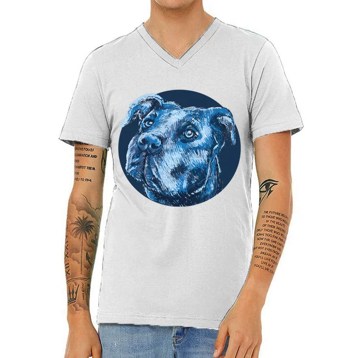 Blue Pitbull Dog Animal Portrait Cute V-Neck T-Shirt