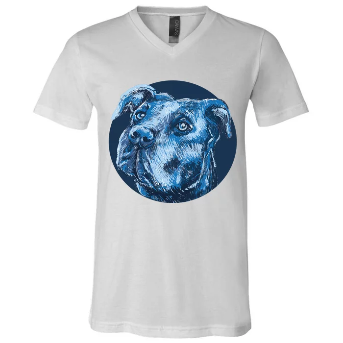 Blue Pitbull Dog Animal Portrait Cute V-Neck T-Shirt