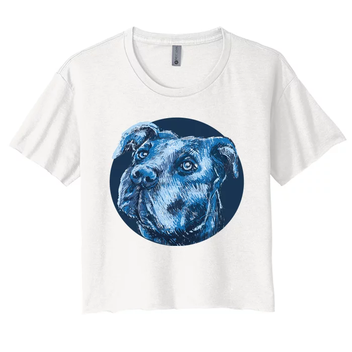 Blue Pitbull Dog Animal Portrait Cute Women's Crop Top Tee