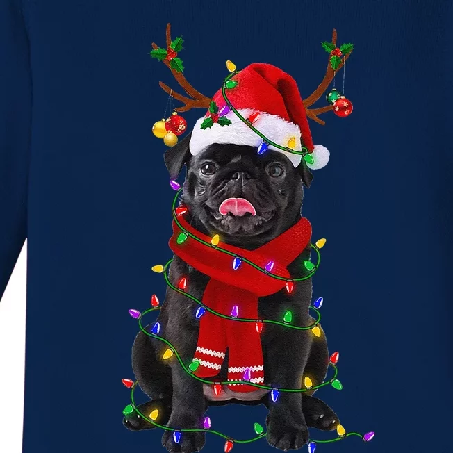 Black Pug Dog Tree Christmas Lights Xmas Pajama Baby Long Sleeve Bodysuit