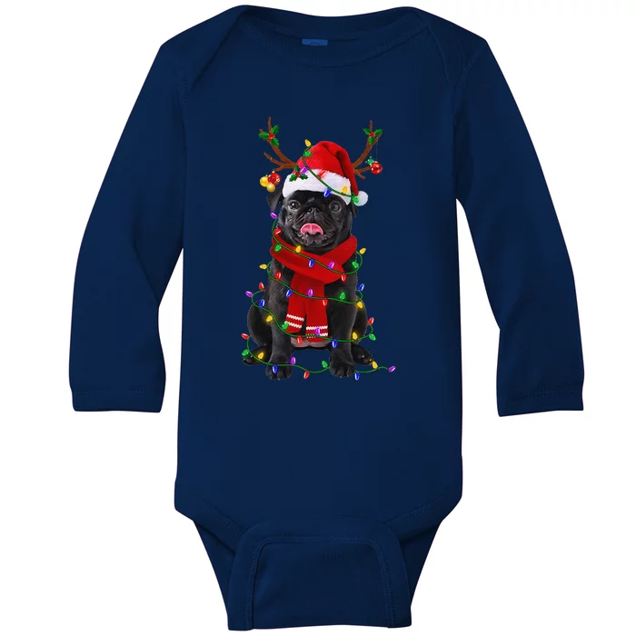 Black Pug Dog Tree Christmas Lights Xmas Pajama Baby Long Sleeve Bodysuit