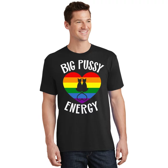 Big Pussy Energy Lesbian Gay Pride Stuff Cat Rainbow Heart T-Shirt