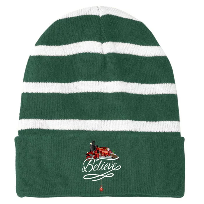 Believe Polar Express Christmas Holiday Train Striped Beanie with Solid Band