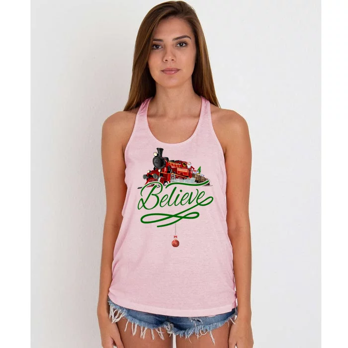 Believe Polar Express Christmas Holiday Train Women's Knotted Racerback Tank