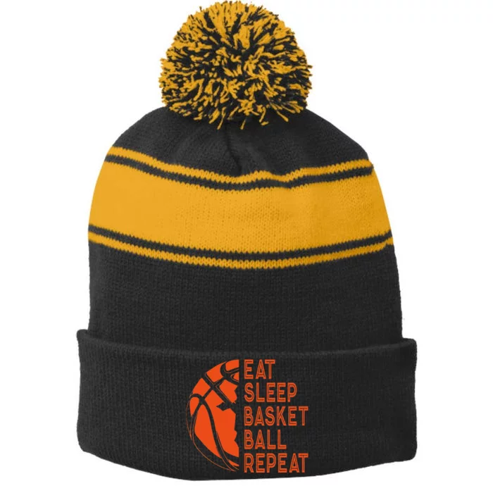 Basketball Player Eat Sleep Basketball Repeat Stripe Pom Pom Beanie