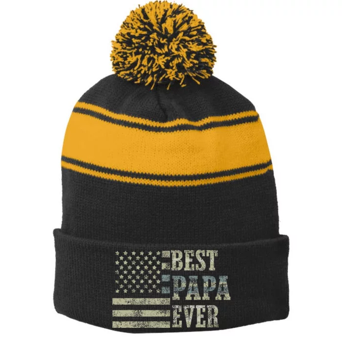 Best Papa Ever American Flag Usa Flag Stripe Pom Pom Beanie