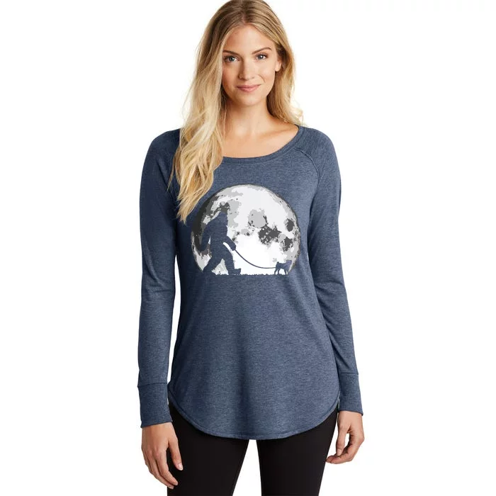 Bigfoot Pug Funny Night Time Dog Walking Graphic Women's Perfect Tri Tunic Long Sleeve Shirt