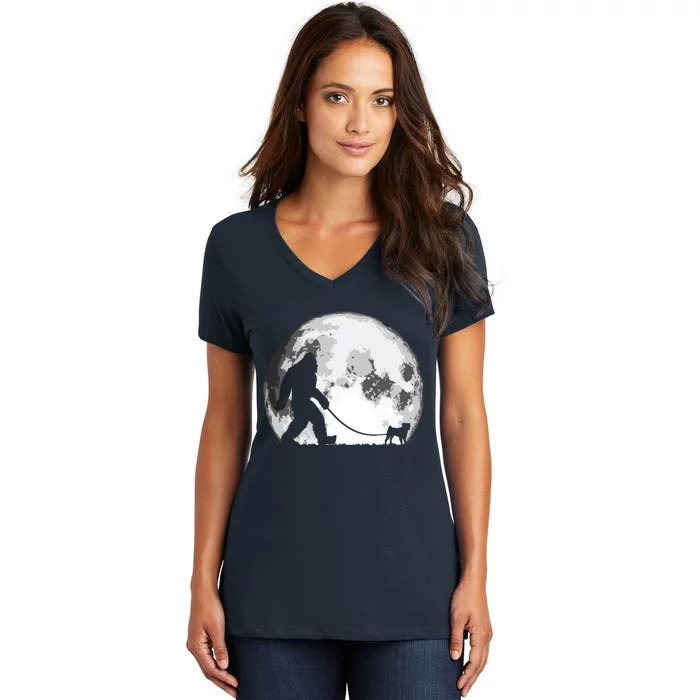 Bigfoot Pug Funny Night Time Dog Walking Graphic Women's V-Neck T-Shirt