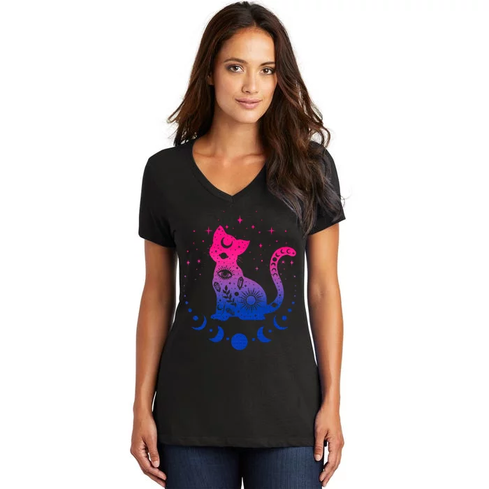 Bisexual pride flag colors astronomy cat Women's V-Neck T-Shirt