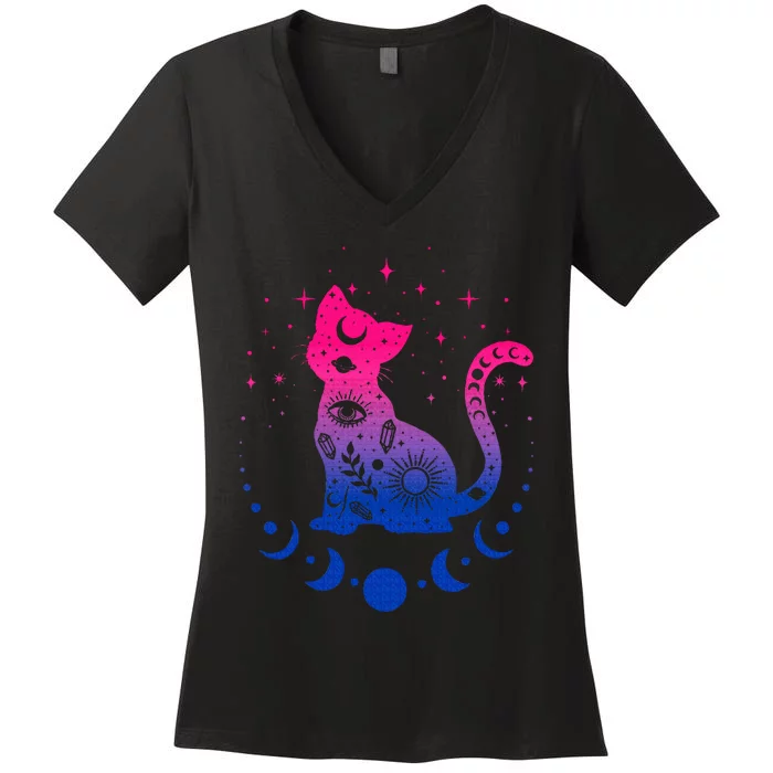 Bisexual pride flag colors astronomy cat Women's V-Neck T-Shirt