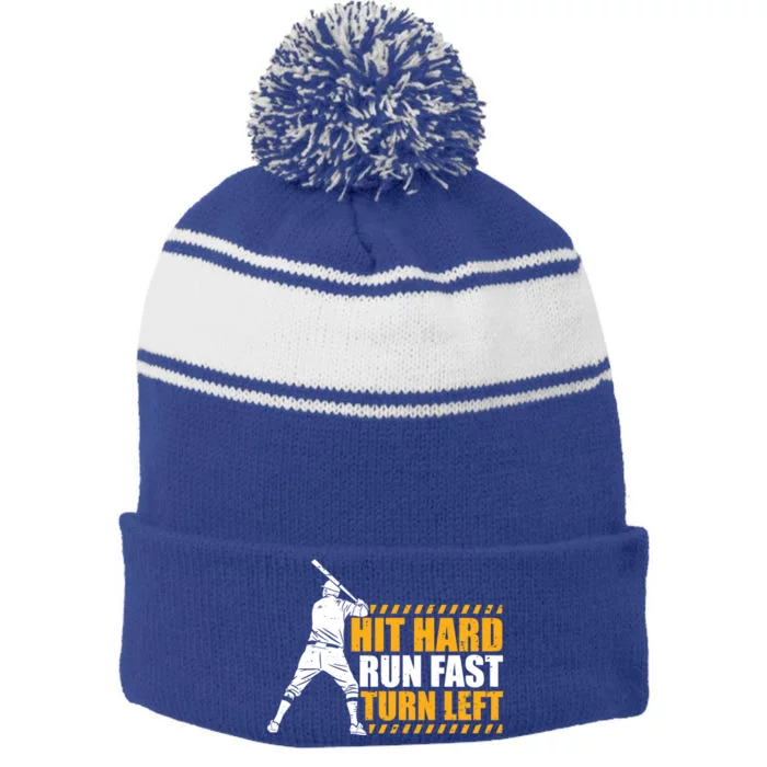 Baseball Player Funny Hit Hard Run Fast Turn Left Baseballer Gift Stripe Pom Pom Beanie