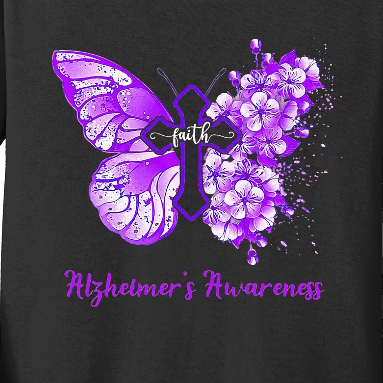 Butterfly Purple Faith Support Fight Alzheimers Awareness Kids Long Sleeve Shirt