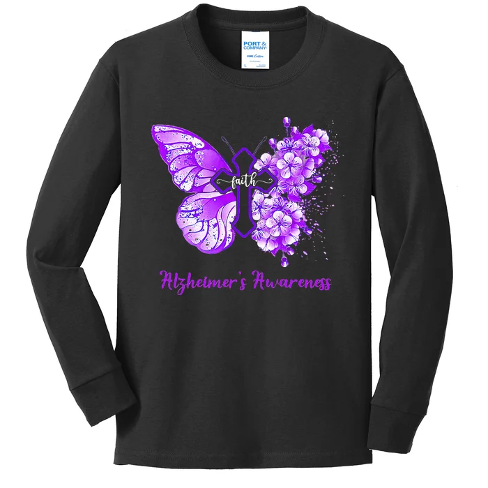 Butterfly Purple Faith Support Fight Alzheimers Awareness Kids Long Sleeve Shirt