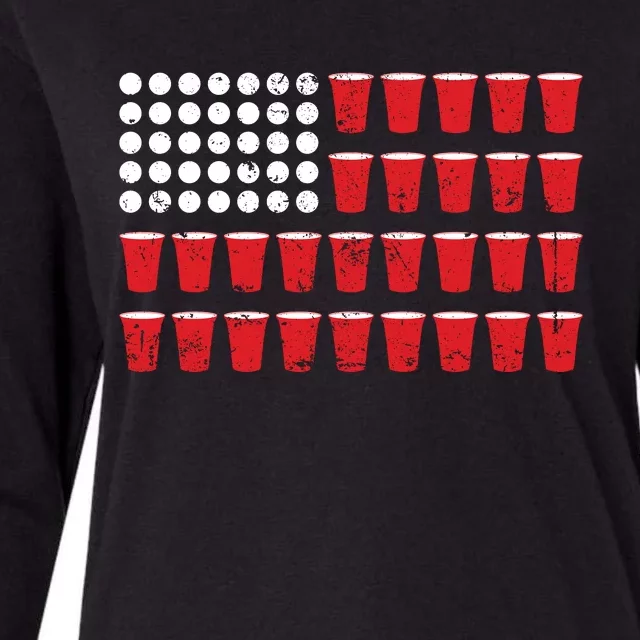 Beer Pong Flag Red Cup American Flag Womens Cotton Relaxed Long Sleeve T-Shirt