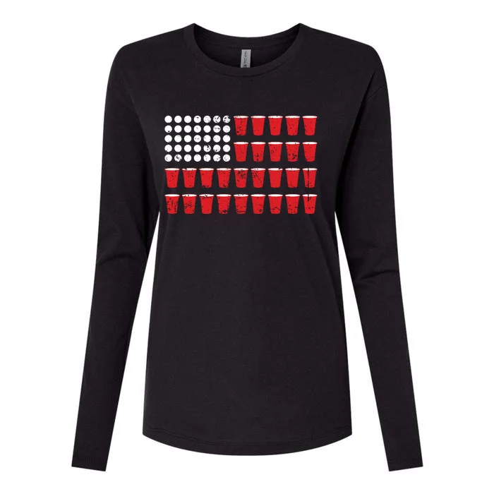 Beer Pong Flag Red Cup American Flag Womens Cotton Relaxed Long Sleeve T-Shirt