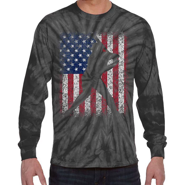 Baseball Player Fan Graphic American US Flag Vintage Tie-Dye Long Sleeve Shirt