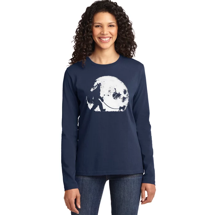 Bigfoot & Pug Funny Night Time Dog Walking Graphic Ladies Long Sleeve Shirt