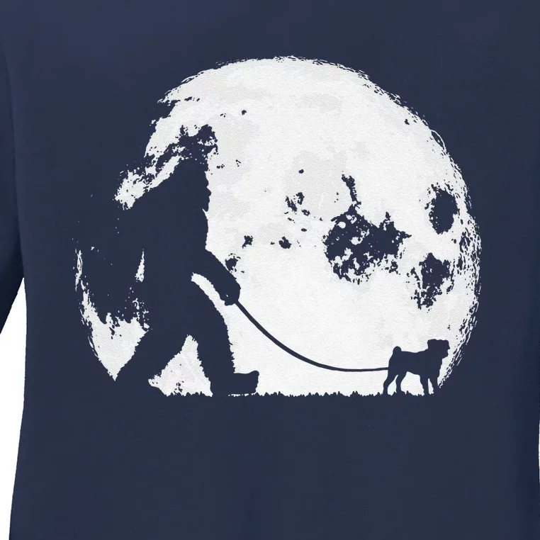 Bigfoot & Pug Funny Night Time Dog Walking Graphic Ladies Long Sleeve Shirt