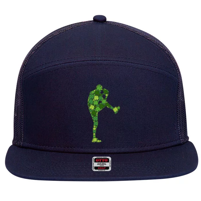 Baseball Pitcher Green Shamrock Clover: St Patricks Day Gift 7 Panel Mesh Trucker Snapback Hat