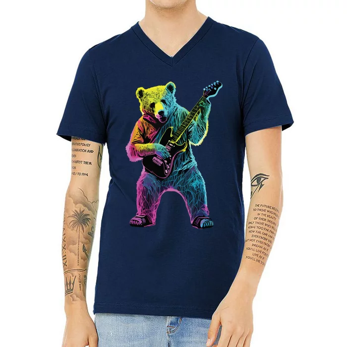 Bear Playing Guitar Guitar Player V-Neck T-Shirt