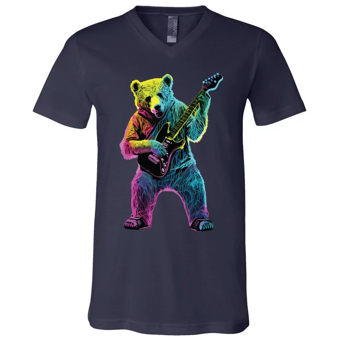 Bear Playing Guitar Guitar Player V-Neck T-Shirt