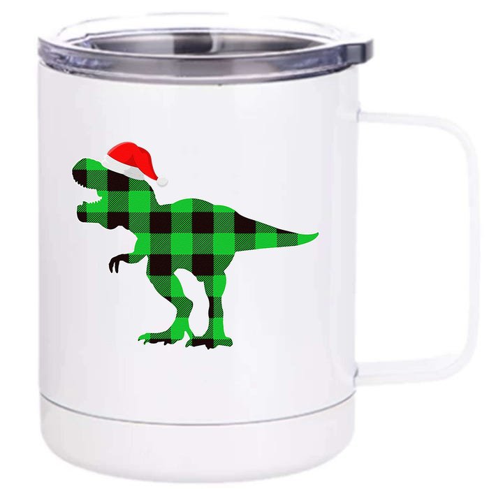 Buffalo Plaid Green Dinosaur T Rex Funny Christmas Front & Back 12oz Stainless Steel Tumbler Cup