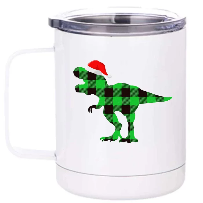 Buffalo Plaid Green Dinosaur T Rex Funny Christmas Front & Back 12oz Stainless Steel Tumbler Cup