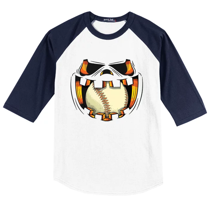 Baseball Player Halloween Pumpkin Jack O Lantern Mouth Ball Baseball Sleeve Shirt