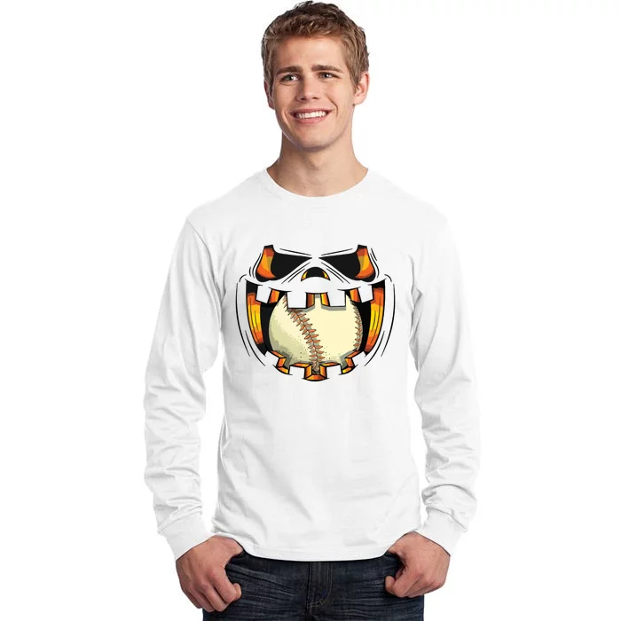 Baseball Player Halloween Pumpkin Jack O Lantern Mouth Ball Tall Long Sleeve T-Shirt