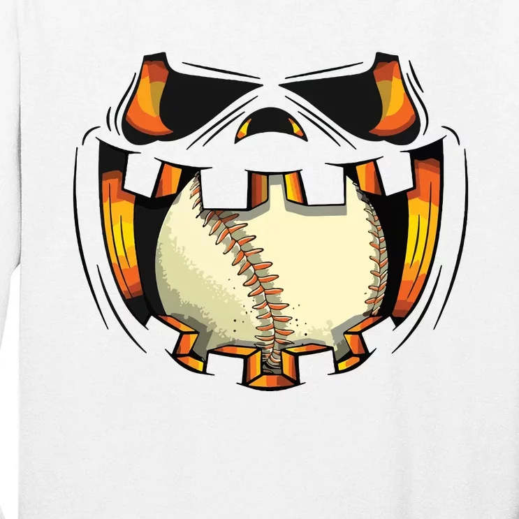 Baseball Player Halloween Pumpkin Jack O Lantern Mouth Ball Tall Long Sleeve T-Shirt