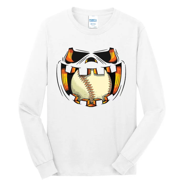 Baseball Player Halloween Pumpkin Jack O Lantern Mouth Ball Tall Long Sleeve T-Shirt