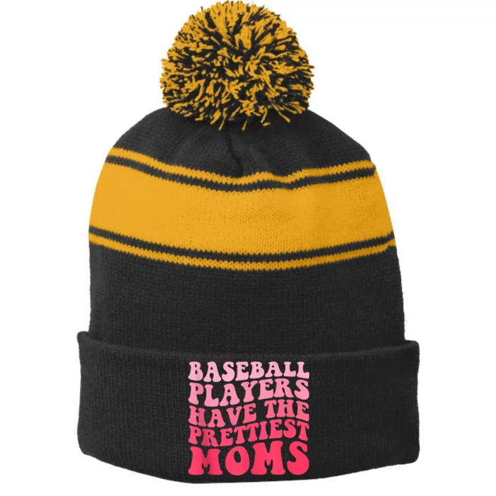 Baseball Players Have The Prettiest Moms Groovy Baseball Lovers Gift Stripe Pom Pom Beanie