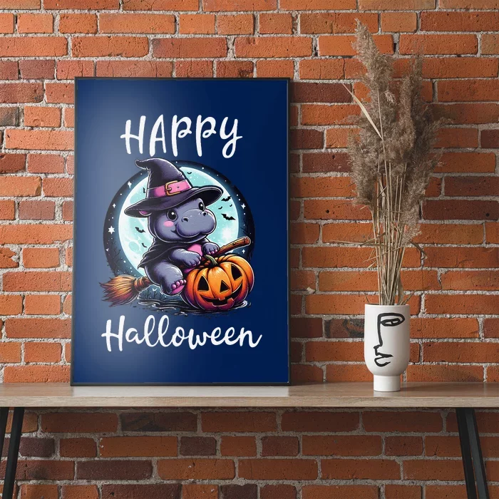 Baby Pygmy Hippo Ride Witch Broom Funny Halloween Hippos Poster