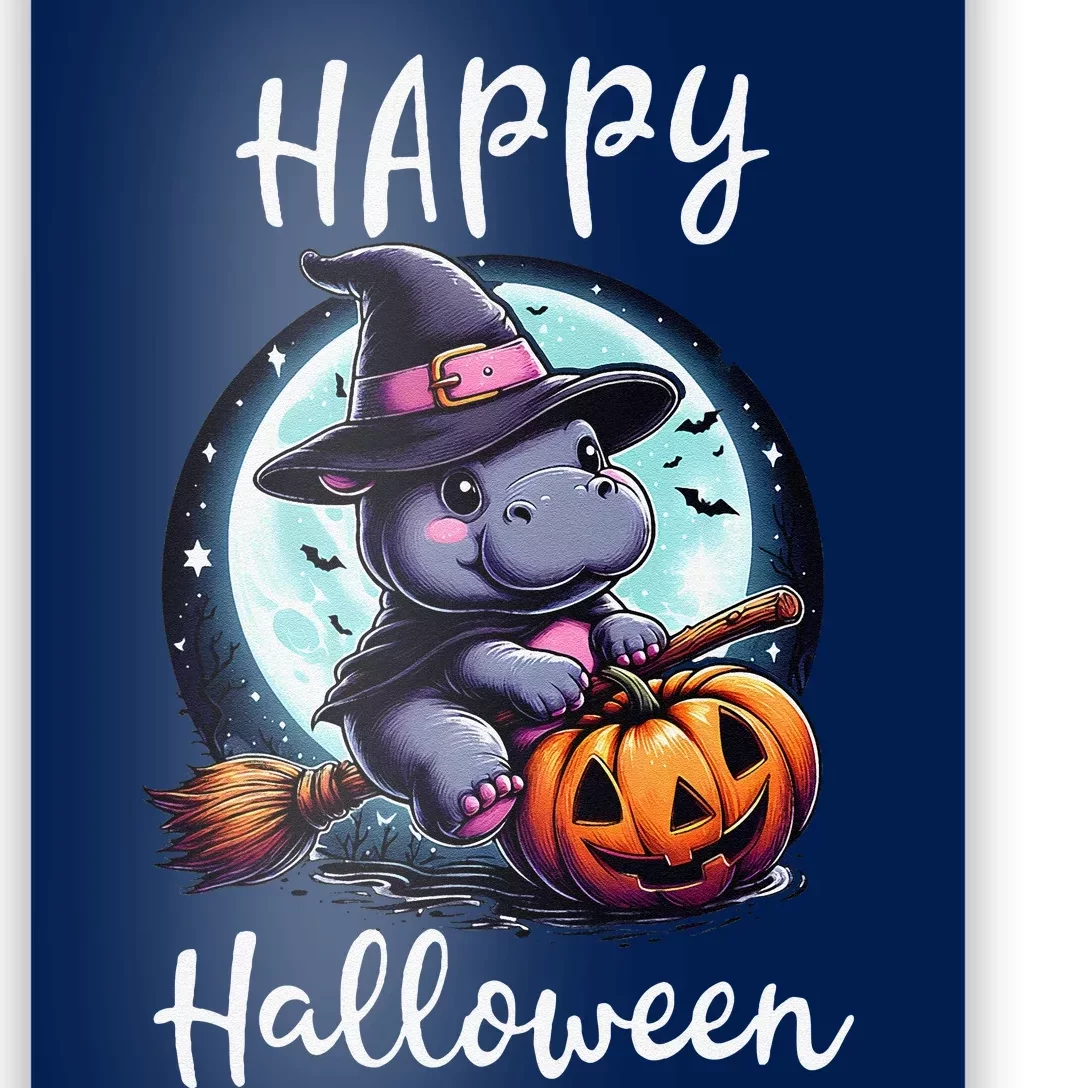 Baby Pygmy Hippo Ride Witch Broom Funny Halloween Hippos Poster