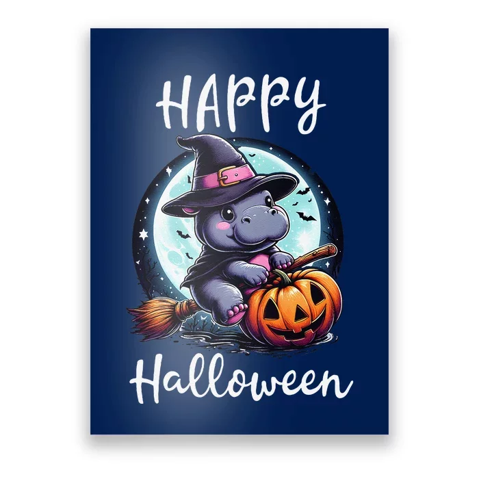 Baby Pygmy Hippo Ride Witch Broom Funny Halloween Hippos Poster