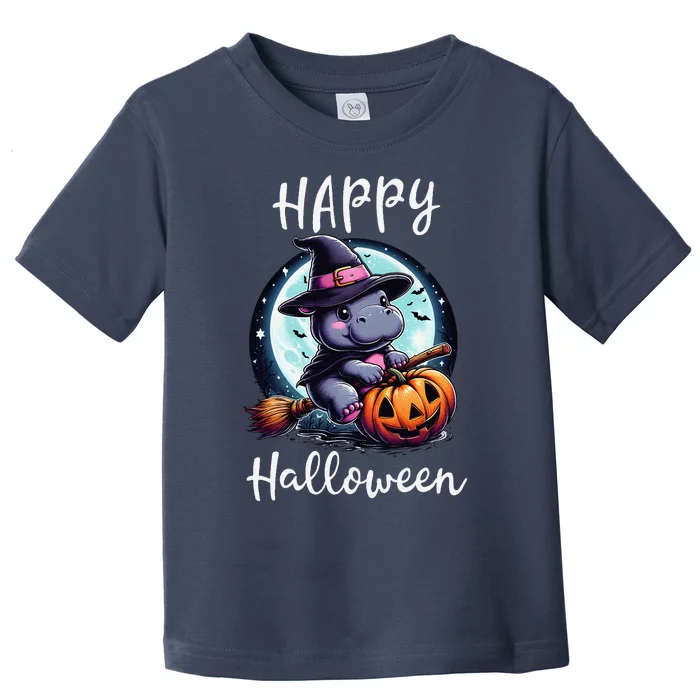 Baby Pygmy Hippo Ride Witch Broom Funny Halloween Hippos Toddler T-Shirt