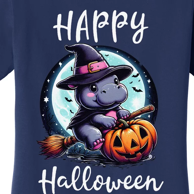 Baby Pygmy Hippo Ride Witch Broom Funny Halloween Hippos Women's T-Shirt