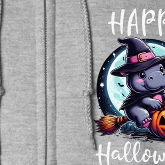 Baby Pygmy Hippo Ride Witch Broom Funny Halloween Hippos Full Zip Hoodie