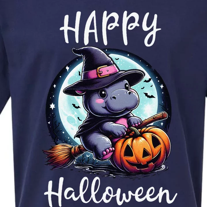 Baby Pygmy Hippo Ride Witch Broom Funny Halloween Hippos Sueded Cloud Jersey T-Shirt