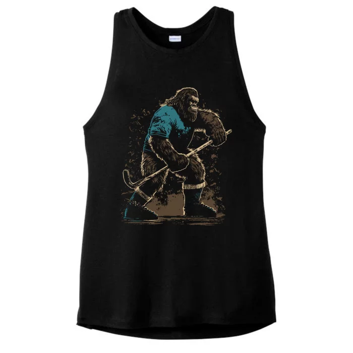 Bigfoot Playing Hockey Ladies Tri-Blend Wicking Tank