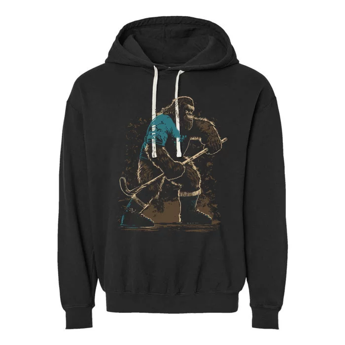 Bigfoot Playing Hockey Garment-Dyed Fleece Hoodie