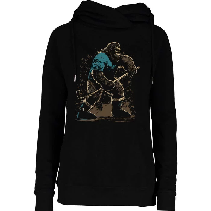 Bigfoot Playing Hockey Womens Funnel Neck Pullover Hood