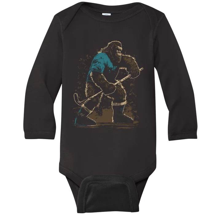 Bigfoot Playing Hockey Baby Long Sleeve Bodysuit