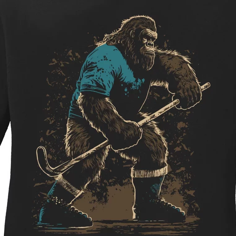 Bigfoot Playing Hockey Ladies Long Sleeve Shirt