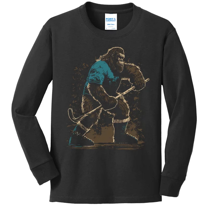 Bigfoot Playing Hockey Kids Long Sleeve Shirt