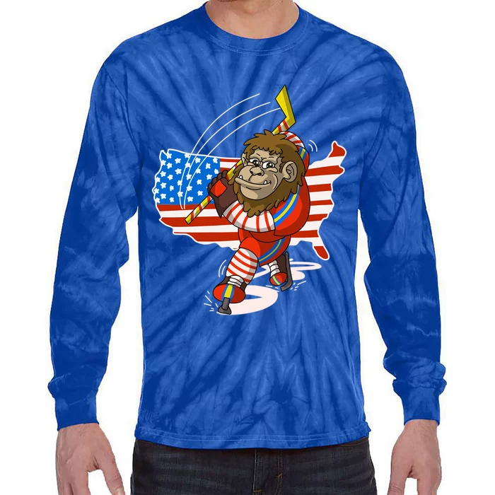 Bigfoot Playing Ice Hockey Cute 4Th Of July Funny Usa Gift Meaningful Gift Tie-Dye Long Sleeve Shirt