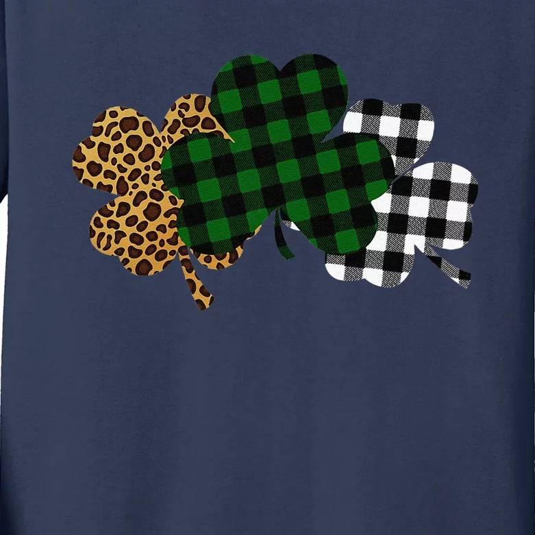 Buffalo Plaid Leopard Shamrock Clover Lucky St Patricks Day Kids Long Sleeve Shirt